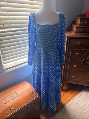 Anthropologie Blue Polka Dot Smocked Midi Dress
